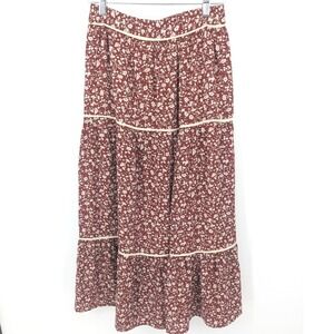 Cottagecore Maxi Skirt Floral Boho Womens Small Burgundy Tiered A Line Boho